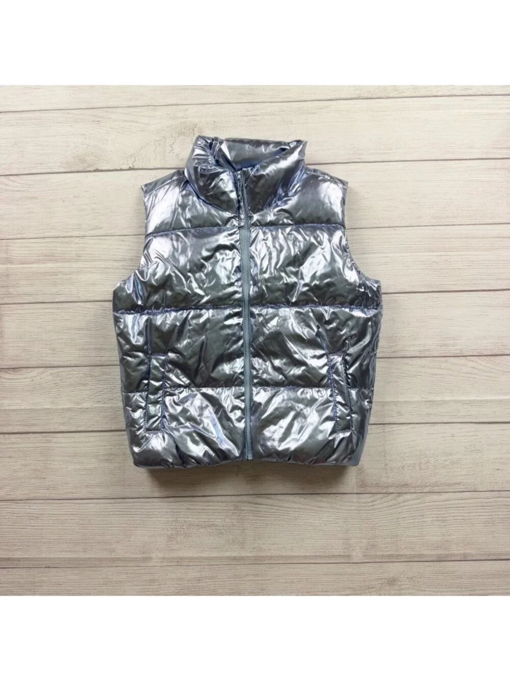 Old Navy Kids Metallic Blue Silver Water Resistant Puffer Vest L 10-12